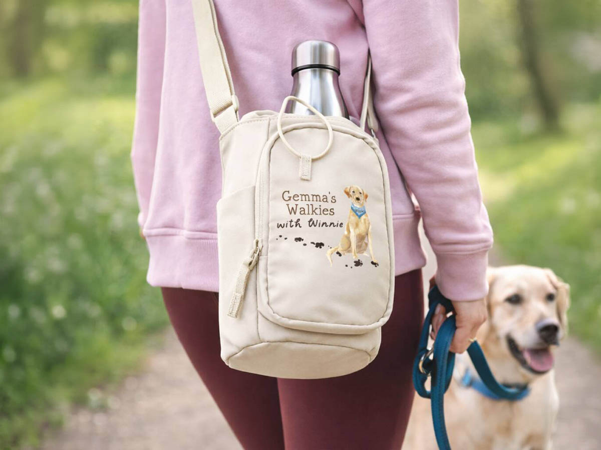 Personalised dog walking drink bottle holder bag gift for dog lovers in the UK