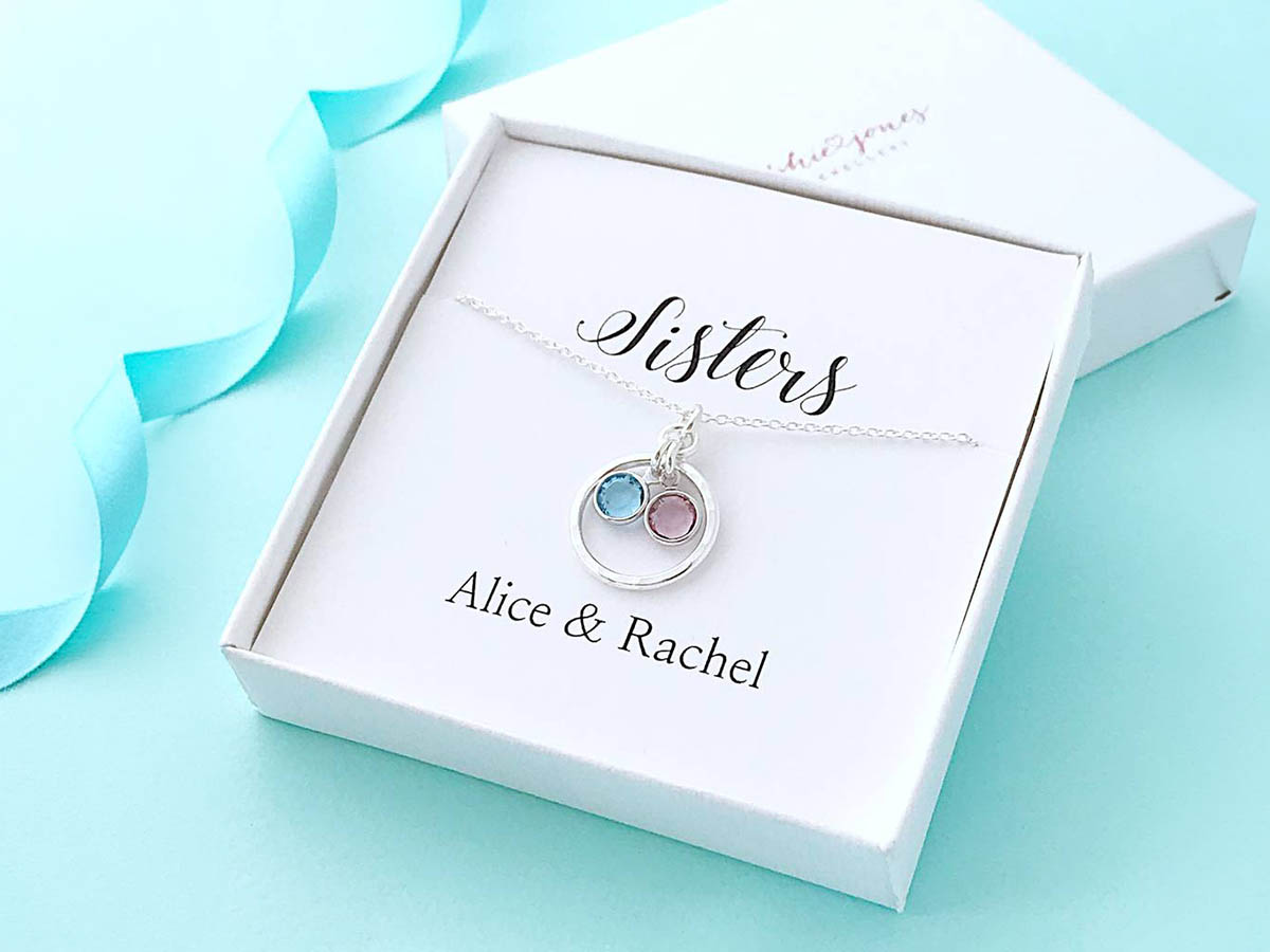 Personalised sisters necklace with birthstones thoughtful jewellery gift for sister