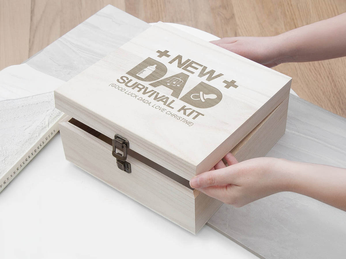 Personalised new dad survival box as a first Father’s Day gift in the UK
