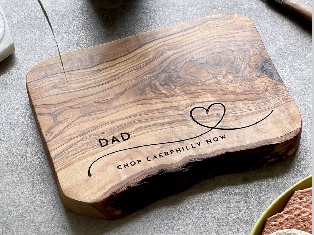 Personalised olive wood chopping and cheese board Father’s Day gift from daughter in the UK