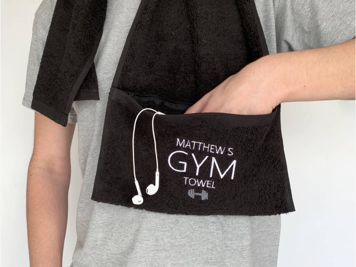 Personalised zip pocket gym towel fitness gift in the UK